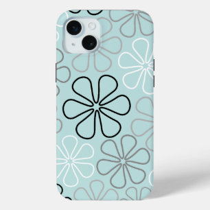 Coque iPhone 15 Mini Abstrait Big Flower Outlines BWG+Duck Egg Blue