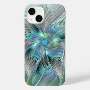 Coque Pour iPhone 14 Abstrait Bleu Vert Papillon Imaginaire Fractal Art