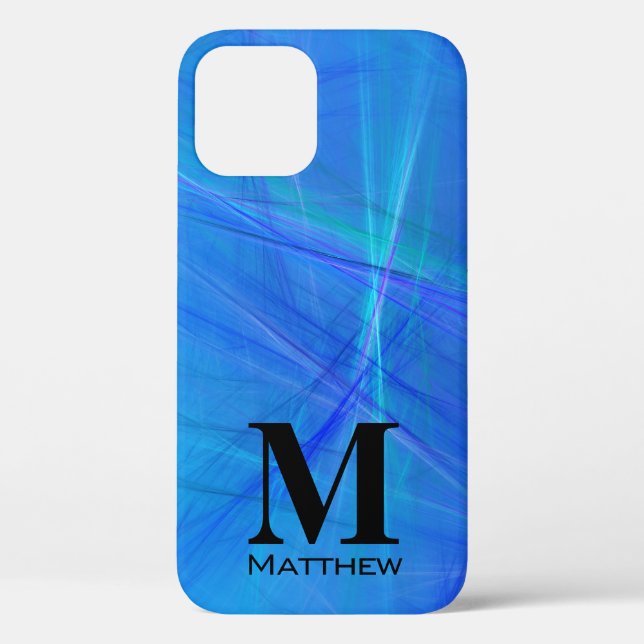 Coques Case-Mate iPhone Abstrait Flamme Fractale Bleu Monogramme Noir (Verso)