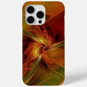 Coque iPhone 15 Pro Max Abstrait Rouge Orange Brown Vert Fractal Art Flowe
