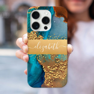 Coques iPhone 16 Pro Agate aquarelle turquoise or orange votre nom