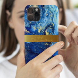 Coque Pour iPhone 15 Agate Bleu Pierre et Or Ajouter Votre Nom Personna