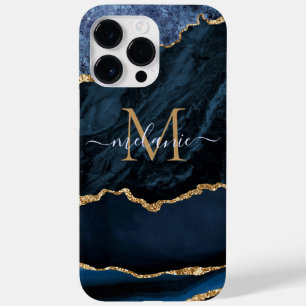 Coque Pour Pour iPhone 14 Pro Max Agate Marine Blue Gold Parties scintillant Marbre