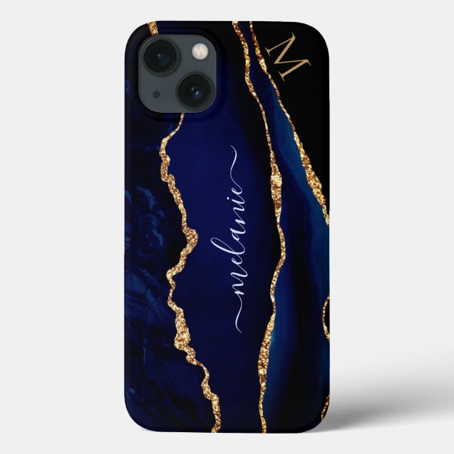 Coques Case-Mate iPhone Agate Marine Blue Gold Parties scintillant Monogra (Verso)