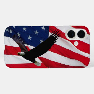 Coques iPhone 16 Aigle Drapeau américain par jour de vent