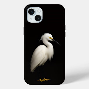 Coque iPhone 15 Mini Aigrette neigeuse noire 4 Luxe, élégante