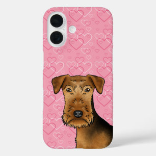 Coques iPhone 16 Airedale Terrier Cute Chien Tête Sur Coeurs Rose