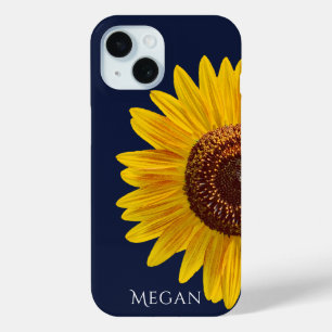 Coque Pour iPhone 15 Ajouter Nom Bleu Marine Foncé Gros Plan Tournesol 