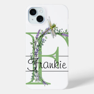 Coque iPhone 15 Mini Alphabet lettre F, aquarelle Lavender Dragonfly