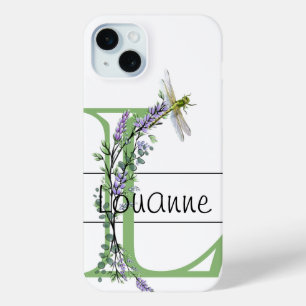Coque iPhone 15 Mini Alphabet lettre L, aquarelle Lavender Dragonfly