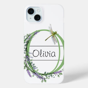 Coque iPhone 15 Mini Alphabet lettre O, aquarelle Lavender Dragonfly