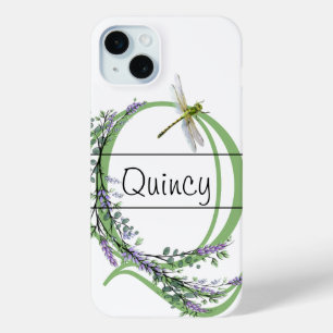Coque iPhone 15 Mini Alphabet lettre Q, aquarelle Lavender Dragonfly