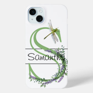 Coque iPhone 15 Mini Alphabet lettre S, aquarelle Lavender Dragonfly