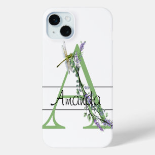 Coque iPhone 15 Mini alphabet monogramme A Lavender Eucalyptus Dragonfl