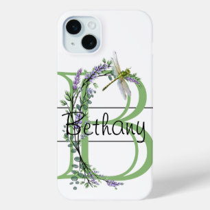 Coque iPhone 15 Mini alphabet monogramme B Lavender Eucalyptus Dragonfl