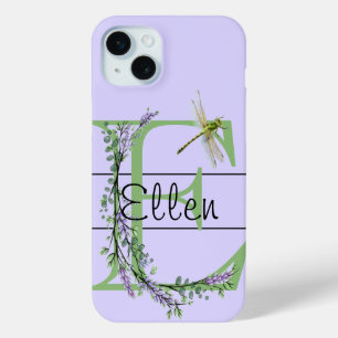 Coque iPhone 15 Mini alphabet monogramme E Lavender Eucalyptus Dragonfl