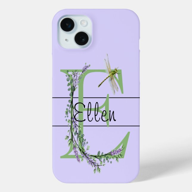 Coques Case-Mate iPhone alphabet monogramme E Lavender Eucalyptus Dragonfl (Verso)