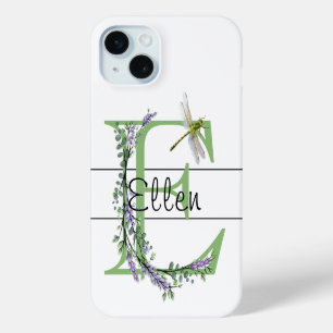 Coque iPhone 15 Mini alphabet monogramme E Lavender Eucalyptus Dragonfl