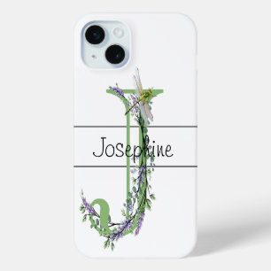 Coque iPhone 15 Mini alphabet monogramme J Lavender Eucalyptus Dragonfl
