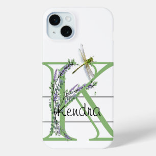 Coque iPhone 15 Mini alphabet monogramme K Lavender Eucalyptus Dragonfl