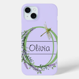 Coque iPhone 15 Mini alphabet monogramme O Lavender Eucalyptus Dragonfl