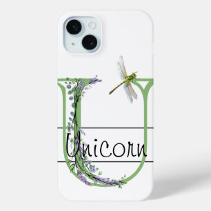 Coque iPhone 15 Mini alphabet monogramme U Lavender Eucalyptus Dragonfl