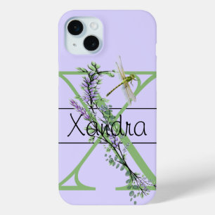 Coque iPhone 15 Mini alphabet monogramme X Lavender Eucalyptus Dragonfl