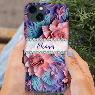 Case-Mate iPhone Case Aménagement de fleurs 3D Pastels, cadre diamant