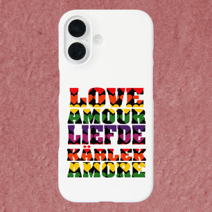 Coques iPhone 16 Amour dans différentes langues Arc-en-ciel foncé