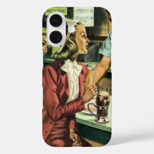 Coques iPhone 16 Amour et romance vintage, Dame au magasin de soda