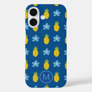Coques iPhone 16 Ananas et fleurs bleues Monogramme