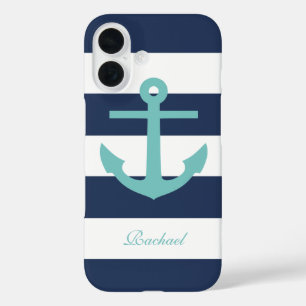 Coques iPhone 16 Ancre Aqua sur Bleu