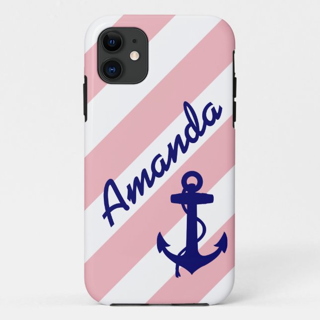 COQUES Case-Mate iPhone ANCRE BLEUE DE RAYURES ROSES D'AMUSEMENT VOTRE NOM (Dos)