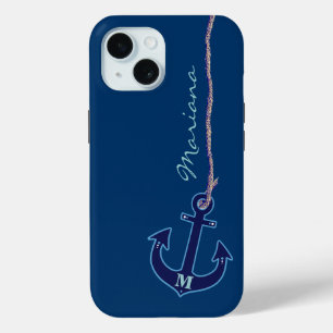 Coque Pour iPhone 15 Ancre bleue nautique personnalisée
