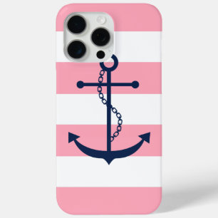 Coque iPhone 15 Pro Max Ancre bleue sur les rayures roses Thème nautique