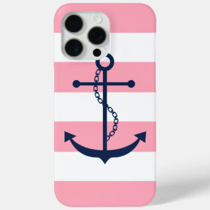 Coque iPhone 15 Pro Max Ancre bleue sur Motif Pink Stripes
