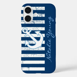 Coques iPhone 16 Ancre et rayures de marine personnalisées