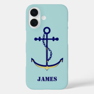 Coques iPhone 16 Ancre marine et or avec nom nautique