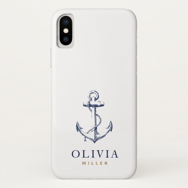 Coques Case-Mate iPhone Ancre marine Monogramme d'or bleu de la marine (Dos)