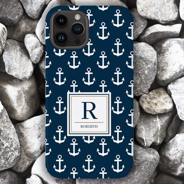 Coques Case-Mate iPhone Ancre nautique Marine Marine Motif bleu Monogramme (Créateur téléchargé)