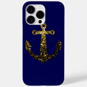 Coque Pour Pour iPhone 14 Pro Max Ancre Sparkly Gold faux scintillants sur bleu mari