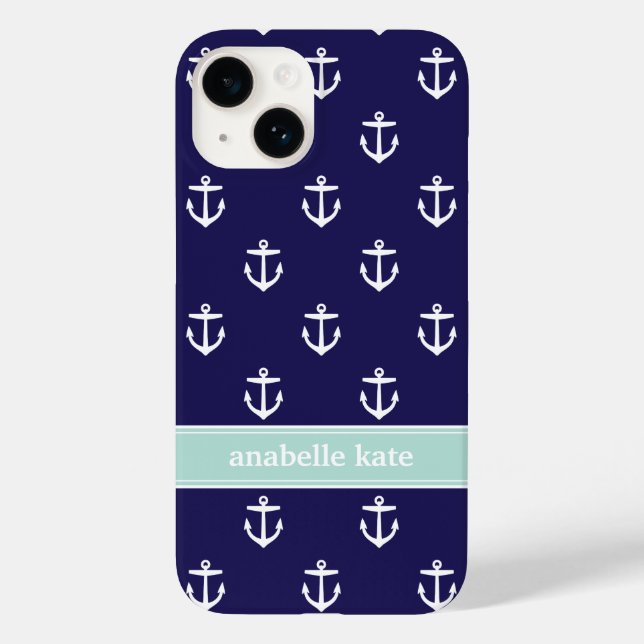 Coques Case-Mate iPhone Ancres bleu marine et menthe monogramme (Verso)