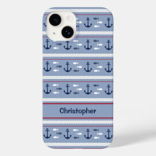 Coque Pour iPhone 14 Ancres Nautiques Personnalisées Bleu et Blanc