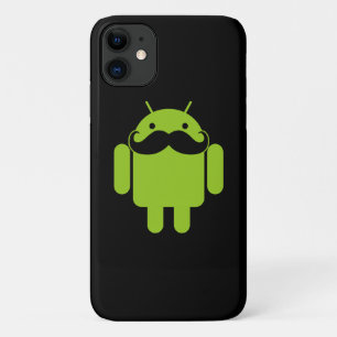 Coque iPhone 11 Android Robot Moustache sur fond noir