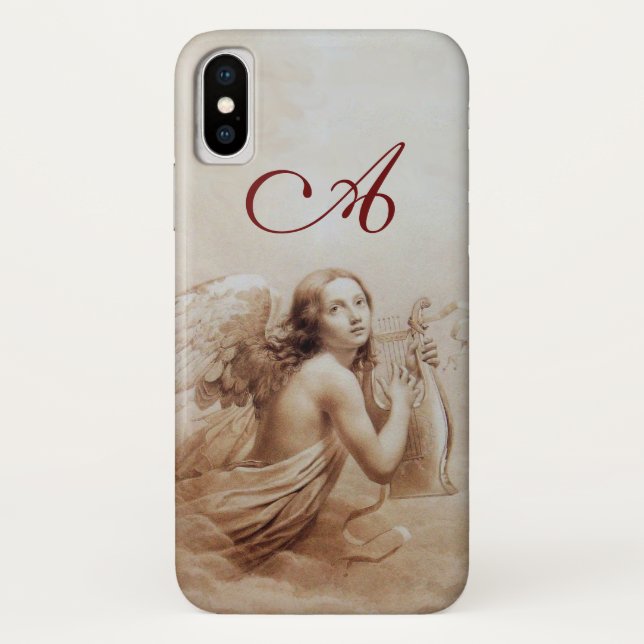 Coques Case-Mate iPhone ANGE JOUER LYRA SUR LES NUAGES monogramme marron (Dos)