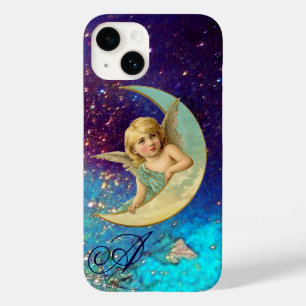 Coque Pour iPhone 14 ANGE LUNE EN OR BLEU PARKLES Monogramme