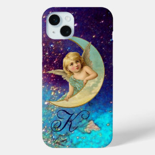 Coque iPhone 15 Mini ANGE LUNE EN OR BLEU PARKLES Monogramme