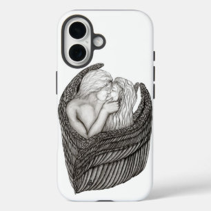 Coques iPhone 16 Angels Kissing, noir et blanc Design