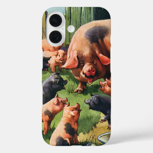 Coques iPhone 16 Animaux de ferme vintages, Cochon avec de mignons 