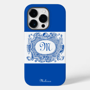 Coque Pour iPhone 14 Pro Antique Cartouche Monogramme Design Bleu